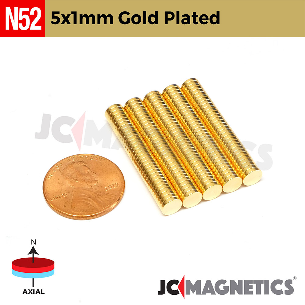 5mm X 1mm N52 Gold Plated neodymium thin magnets round discs 3